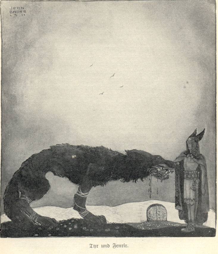 Tyr et Fenrir, illustration ancienne libre de droits